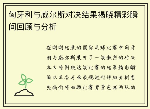匈牙利与威尔斯对决结果揭晓精彩瞬间回顾与分析